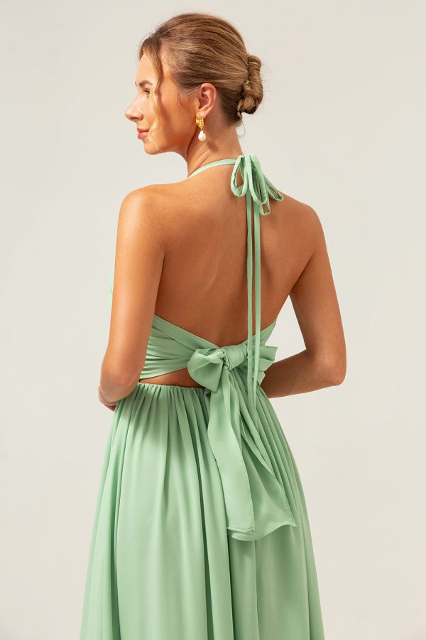 Light Green A Line Halter Backless Long Bridesmaid Dress with Lace Up Back Supply