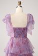 A Line Tiered Purple Printed Tea-Length Long Prom Dress For Sale