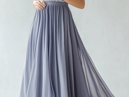 Dusty Blue A Line Lace Chiffon Bridesmaid Dress With Short Sleeves For Discount