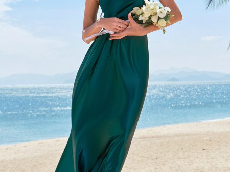 A-Line Dark Green Spaghetti Straps Satin Ruched Long Bridesmaid Dress Sale