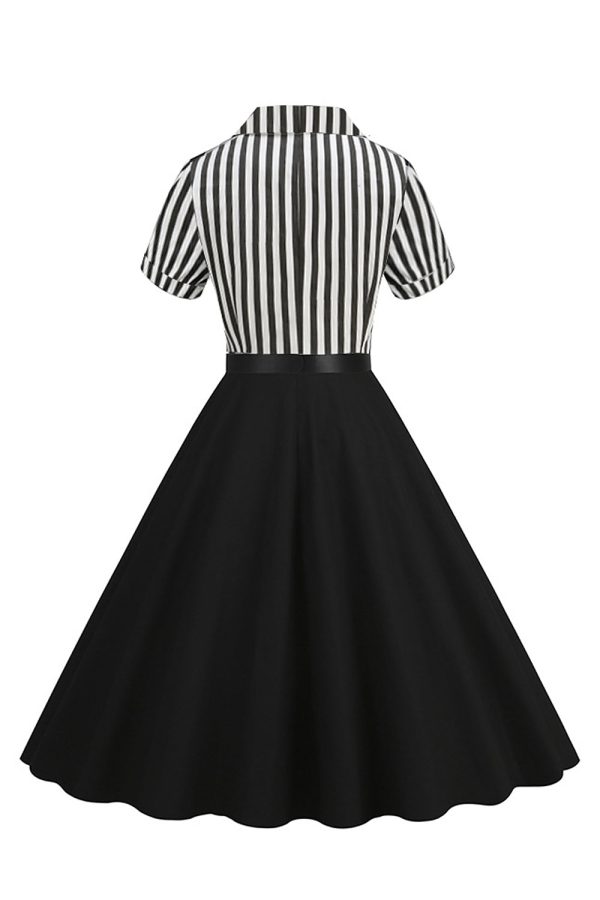 A Line Black Stripe 1950s Dress with Short Sleeves For Sale