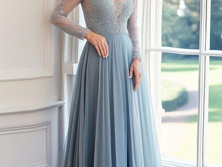 A Line Grey Blue Boat Neck Long Sleeves Appliqued Mother of the Bride Dress Cheap