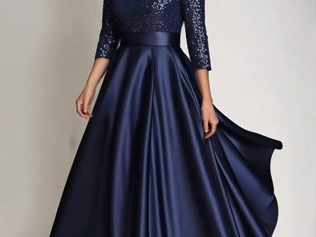 Sparkly A Line Sequin Long Sleeves Navy Long Mother of The Bride Dress Supply