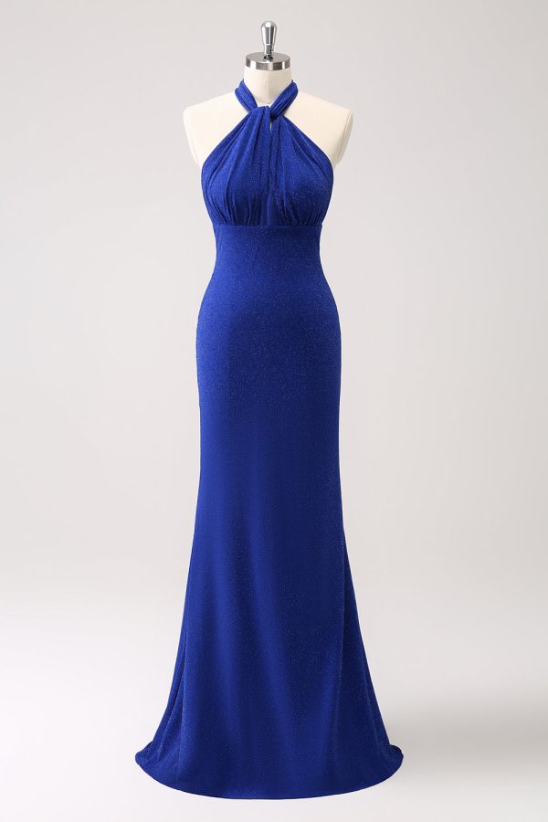 Glitter Blue Halter Mermaid Long Bridesmaid Dress Online Sale