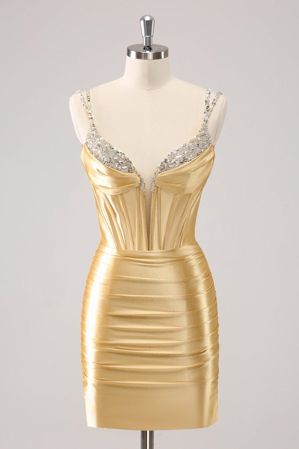 Golden Spaghetti Straps Bodycon Homecoming Dress with Sequins Cheap