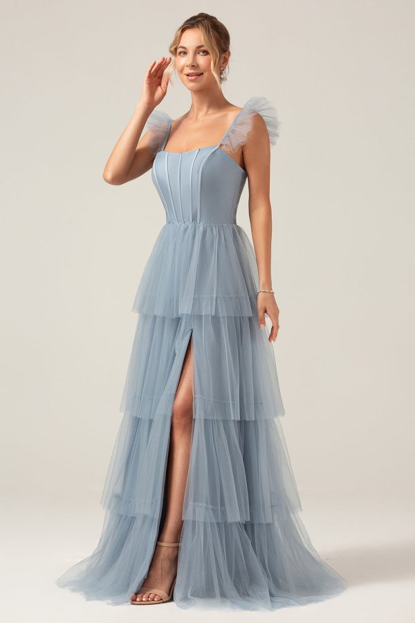 Detachable Straps A Line Tiered Long Dusty Blue Bridesmaid Dress Cheap