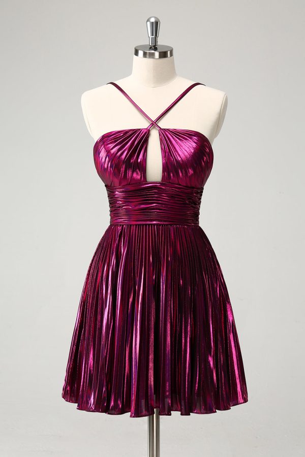 Purple A Line Halter Pleated Short Homecoming Dress With Hollow Out For Discount