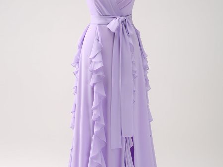 Lilac A-Line Chiffon Ruffled Bridesmaid Dress with Slit For Cheap