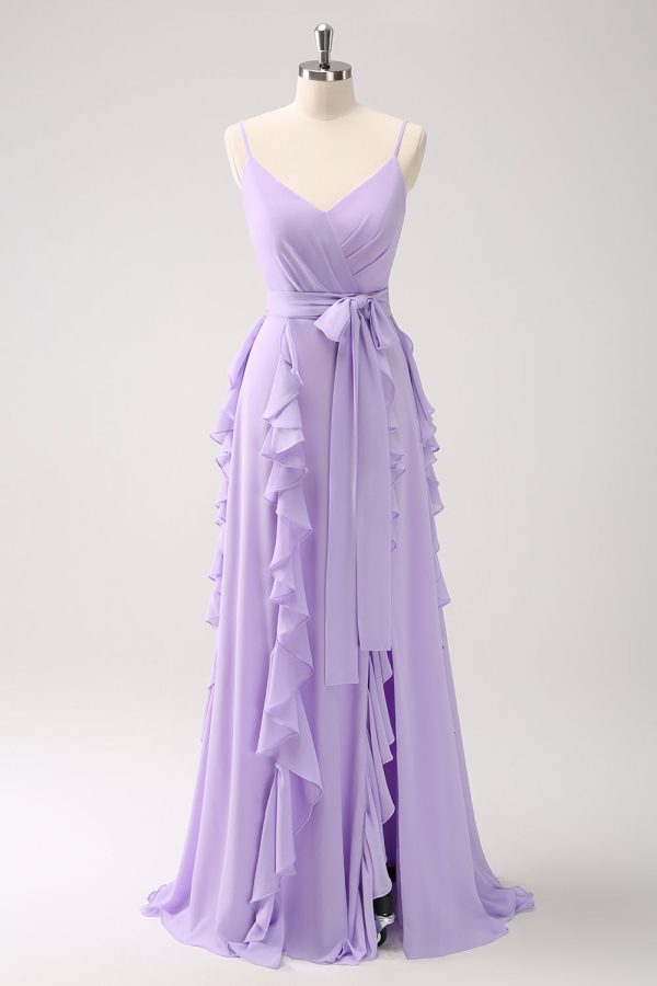 Lilac A-Line Chiffon Ruffled Bridesmaid Dress with Slit For Cheap