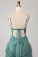 Green A Line Spaghetti Straps Tulle Long Prom Dress with Ruffles Hot on Sale