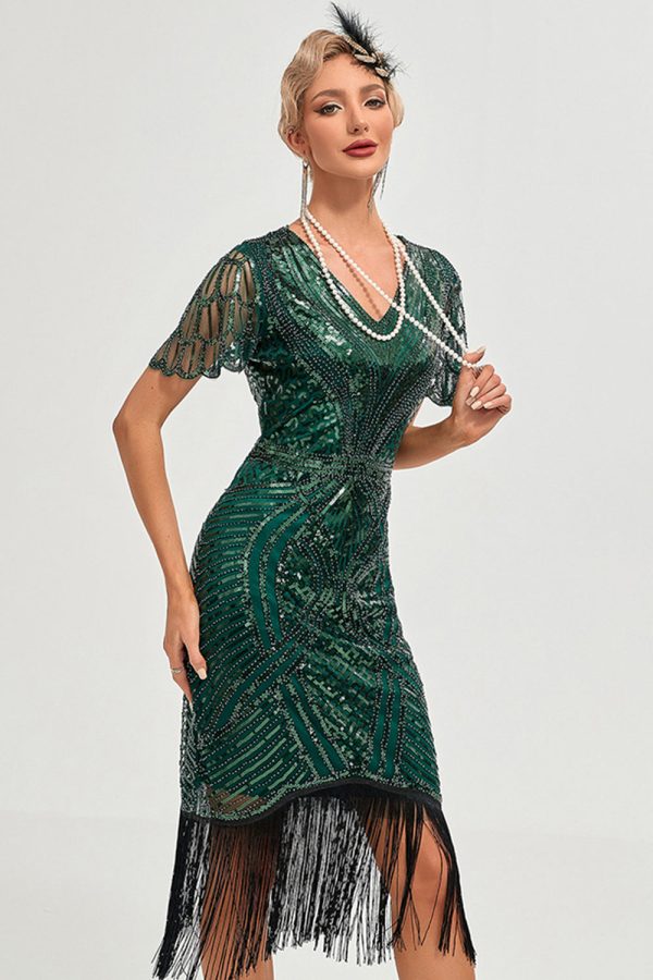 Beading Dark Green Glitter Fringes Flapper Dress with Accessories Set For Sale