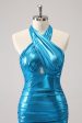 Metallic Tight Halter Backless Satin Blue Homecoming Dress Discount