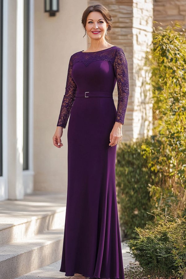 Lace 3 4 Sleeves Purple Sheath Length Belt Mother of the Bride Dress with Slit Online Sale