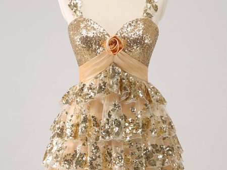 Golden A-Line Spaghetti Straps Sequined Homecoming Dress with Flower For Sale