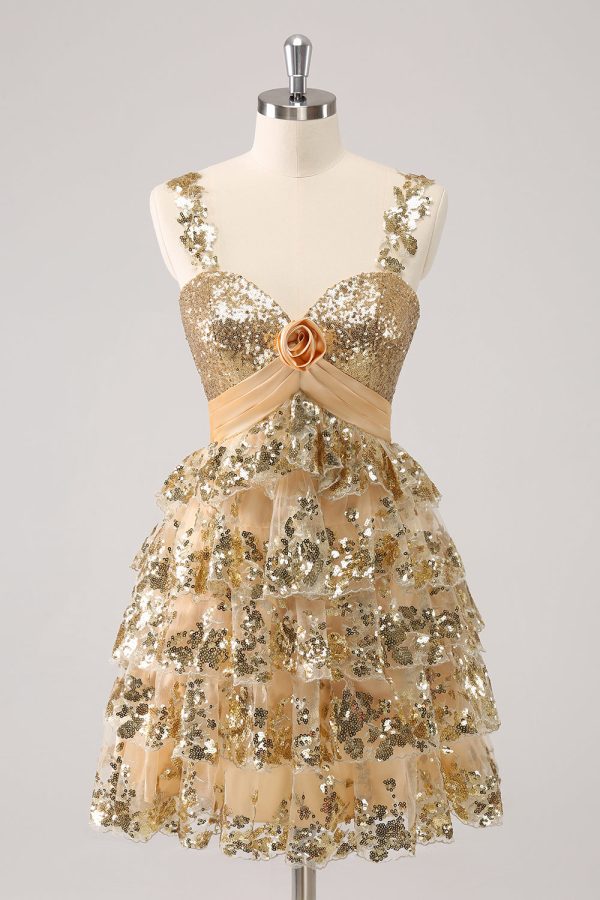 Golden A-Line Spaghetti Straps Sequined Homecoming Dress with Flower For Sale