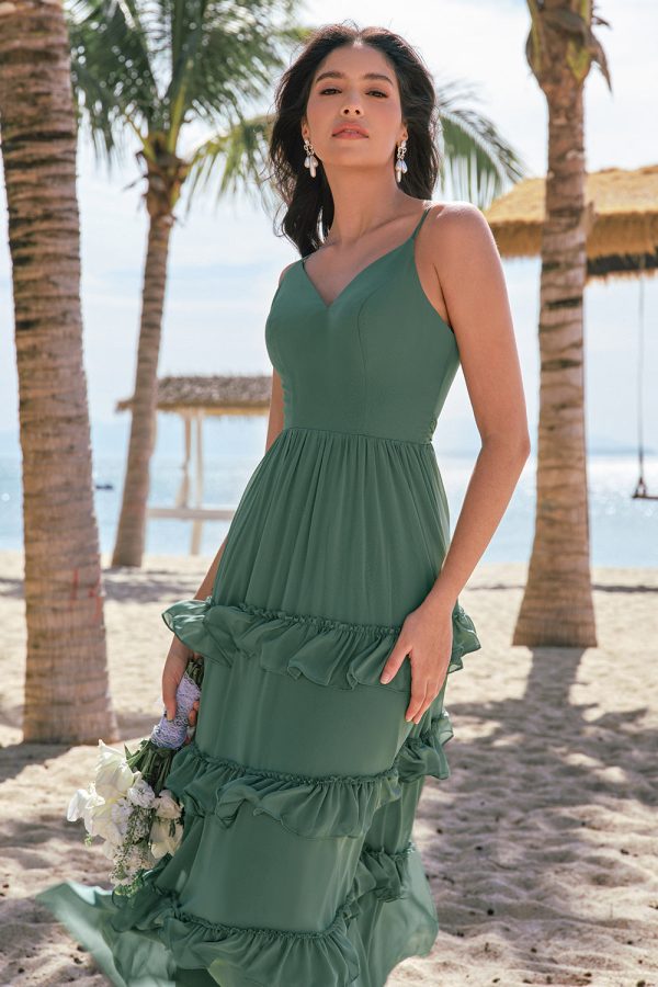 Eucalyptus A-Line Chiffon Tiered Long Bridesmaid Dress Cheap