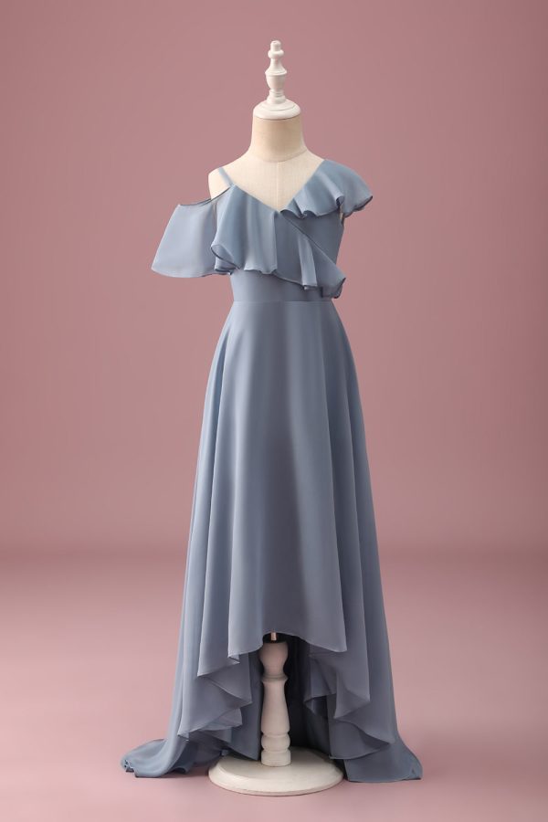 Grey Blue V-Neck A-Line Chiffon High Low Junior Bridesmaid Dress Online