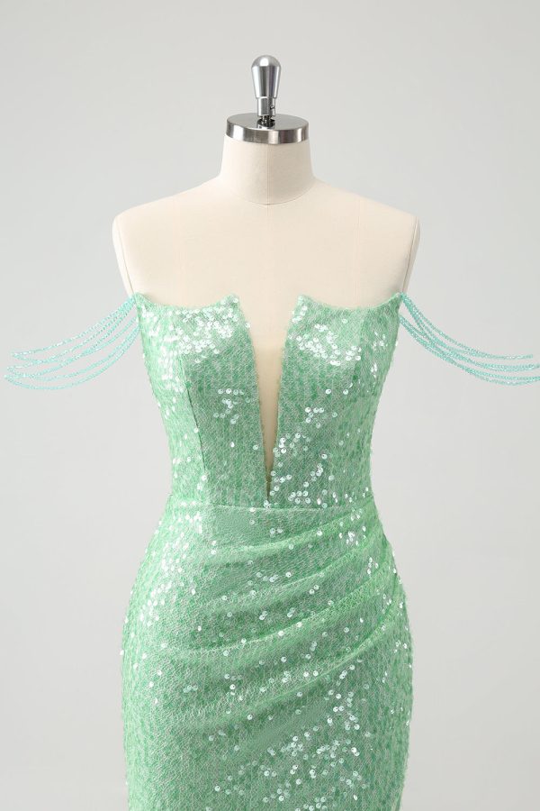 Sparkly Green Off the Shoulder Ruched Tight Homecoming Dress with Sequins Online