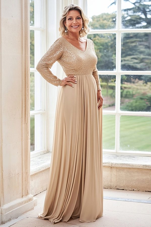 Champagne A Line V Neck Pleated Long Sleeves Mother of the Bride Dress Fashion