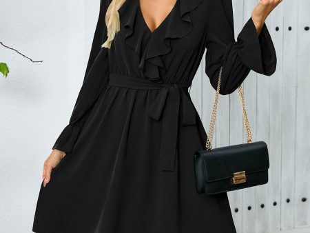 Black Ruffle Bell Long Sleeves A-Line Short Party Dress with Belt For Cheap