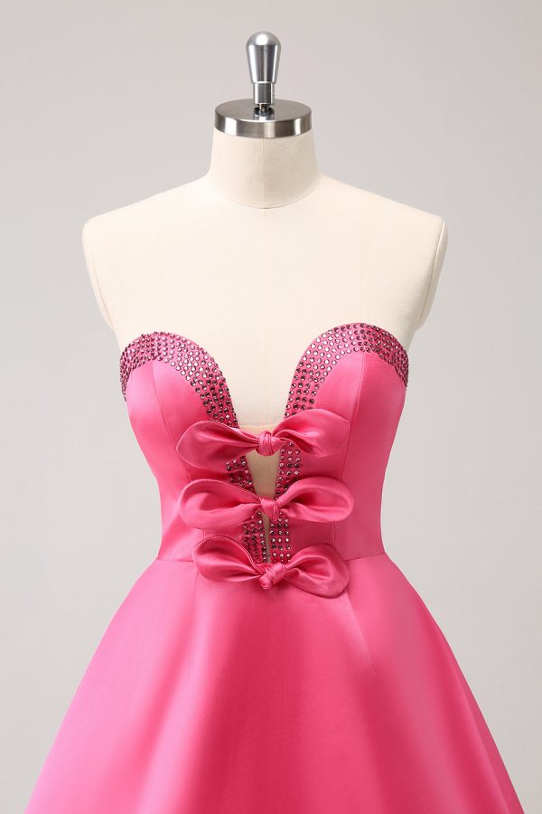 Sparkly Fuchsia A-Line Beaded Strapless Homecoming Dress with Bows on Sale