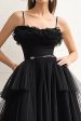 Black A Line Spaghetti Straps Ruffles Tulle Long Prom Dress Fashion