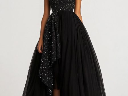 A Line Black One Shoulder Tulle Sequins Formal Dress Online