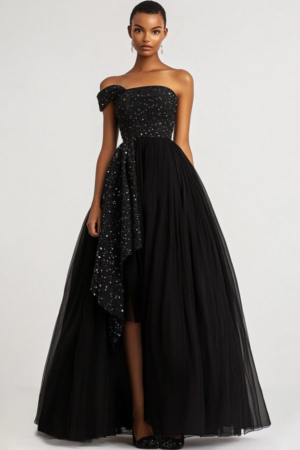 A Line Black One Shoulder Tulle Sequins Formal Dress Online