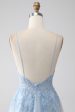 A-Line Spaghetti Straps Grey Blue Prom Dress with Beading Online Hot Sale