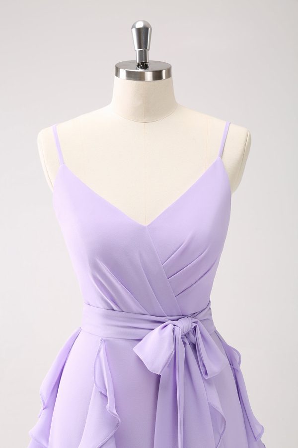 Lilac A-Line Chiffon Ruffled Bridesmaid Dress with Slit For Cheap