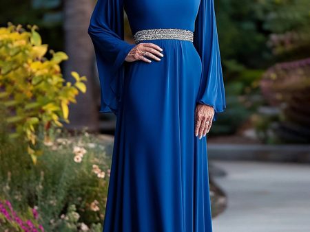 Royal Blue Loose Fit Long Sleeves Beaded Pleated Round Neck Mother Of Bride Dress Sale