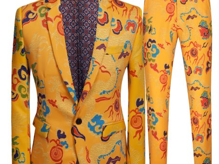 Yellow 2 Piece Notched Lapel Print Men s Suit Online Hot Sale