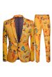 Yellow 2 Piece Notched Lapel Print Men s Suit Online Hot Sale