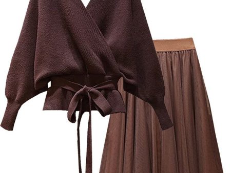 Caroline Brown Batwing Sweater Top and Mesh Skirt Set on Sale