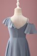 Grey Blue V-Neck A-Line Chiffon High Low Junior Bridesmaid Dress Online