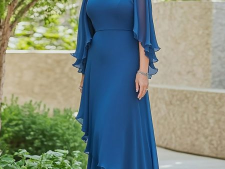 Blue A Line Chiffon Scoop High Low Mother of the Bride Dress with Flutter Sleeves Supply