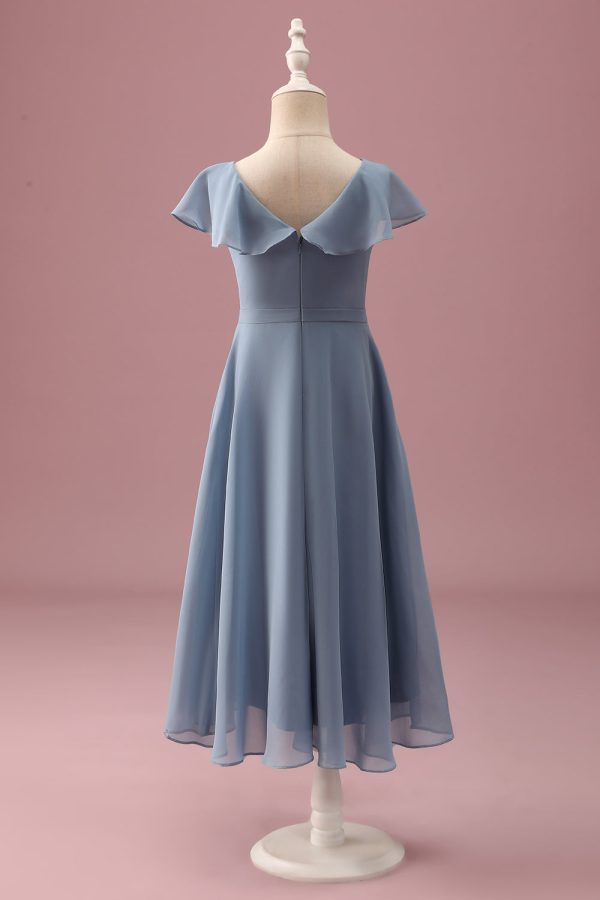 Dusty Blue Chiffon V Neck Wrap Short Junior Bridesmaid Dress with Flutter Sleeves Discount