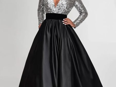 Sparkly Black Silver A-Line Long Sleeves Sequins Top Long Mother of the Bride Dress Online Hot Sale