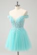 Sparkly Light Blue A Line Off The Shoulder Short Homecoming Dress Sale