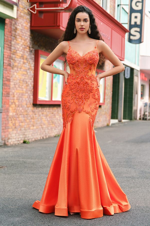 Orange Mermaid Corset Spaghetti Straps Beaded Long Prom Dress Fashion