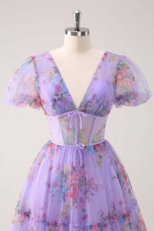 Purple A-Line V Neck Corset Short Floral Homecoming Dress with Lace Up Back Online Sale