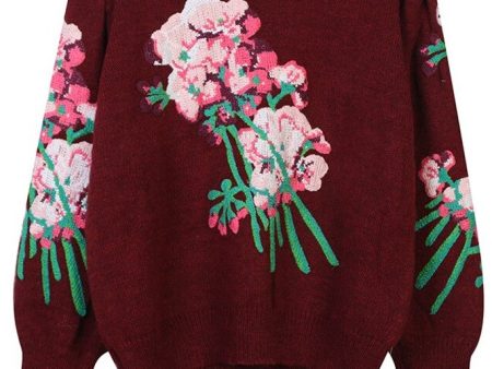 Ayla Bordeaux Sweater with Flowers For Discount