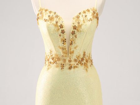 Sparkly Yellow Spaghetti Straps Tight Homecoming Dress with Sequins Discount