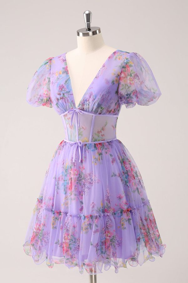 Purple A-Line V Neck Corset Short Floral Homecoming Dress with Lace Up Back Online Sale