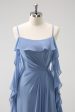 Grey Blue A-Line Spaghetti Straps Chiffon Long Bridesmaid Dress with Slit Discount