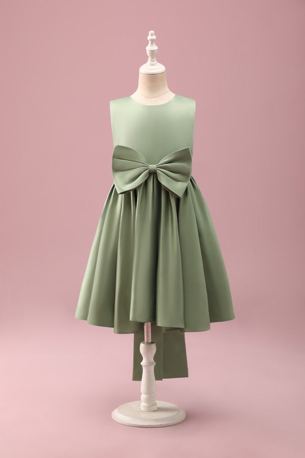 Grey Green A-Line Round Neck Satin Flower Girl Dress with Bow Online