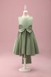 Grey Green A-Line Round Neck Satin Flower Girl Dress with Bow Online