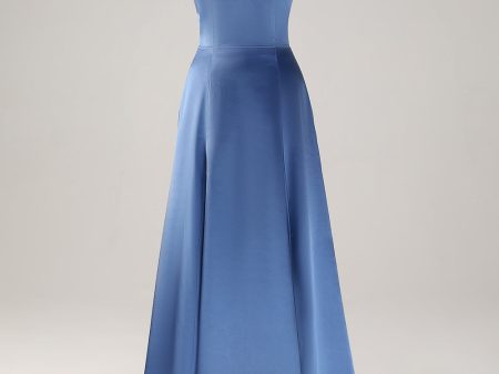 Dusty Blue A Line Off The Shoulder Satin Long Bridesmaid Dress Discount