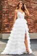 White A-Line Sparkly Sequin Ruffle Skirt Corset Tiered Prom Dress With Slit Hot on Sale