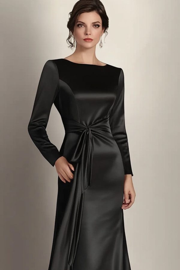 Black Mermaid Long Sleeves Satin Ruched Long Mother of the Bride Dress Online now